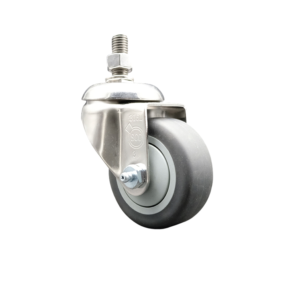 Thermoplastic Rubber Swivel Stem Caster with 3.5 in. Gray Caster Wheel - 0.37 in. Threaded Stem - 316 Stainless Steel Caster - 230 lbs Capacity