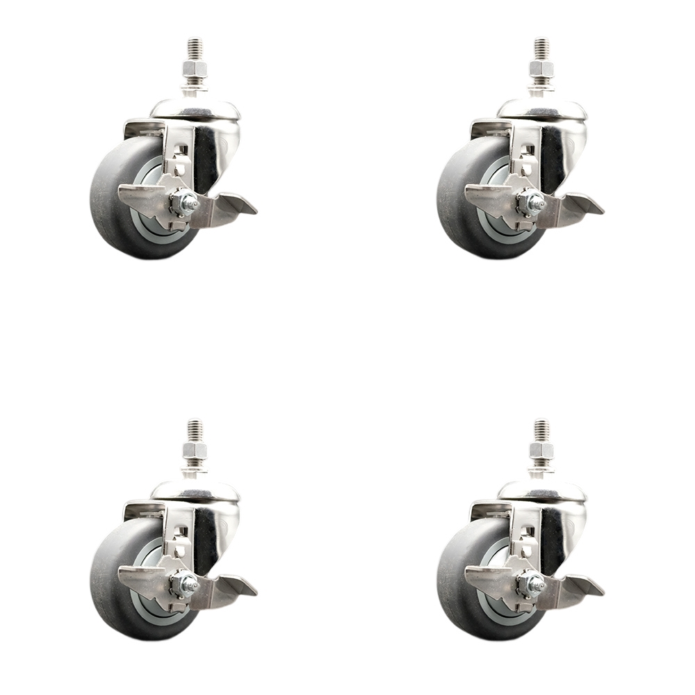 Thermoplastic Rubber Swivel Stem Caster with 3.5 in. Caster Wheels - 0.37 in. Threaded Stems - 316 Stainless Steel Casters - Set of 4