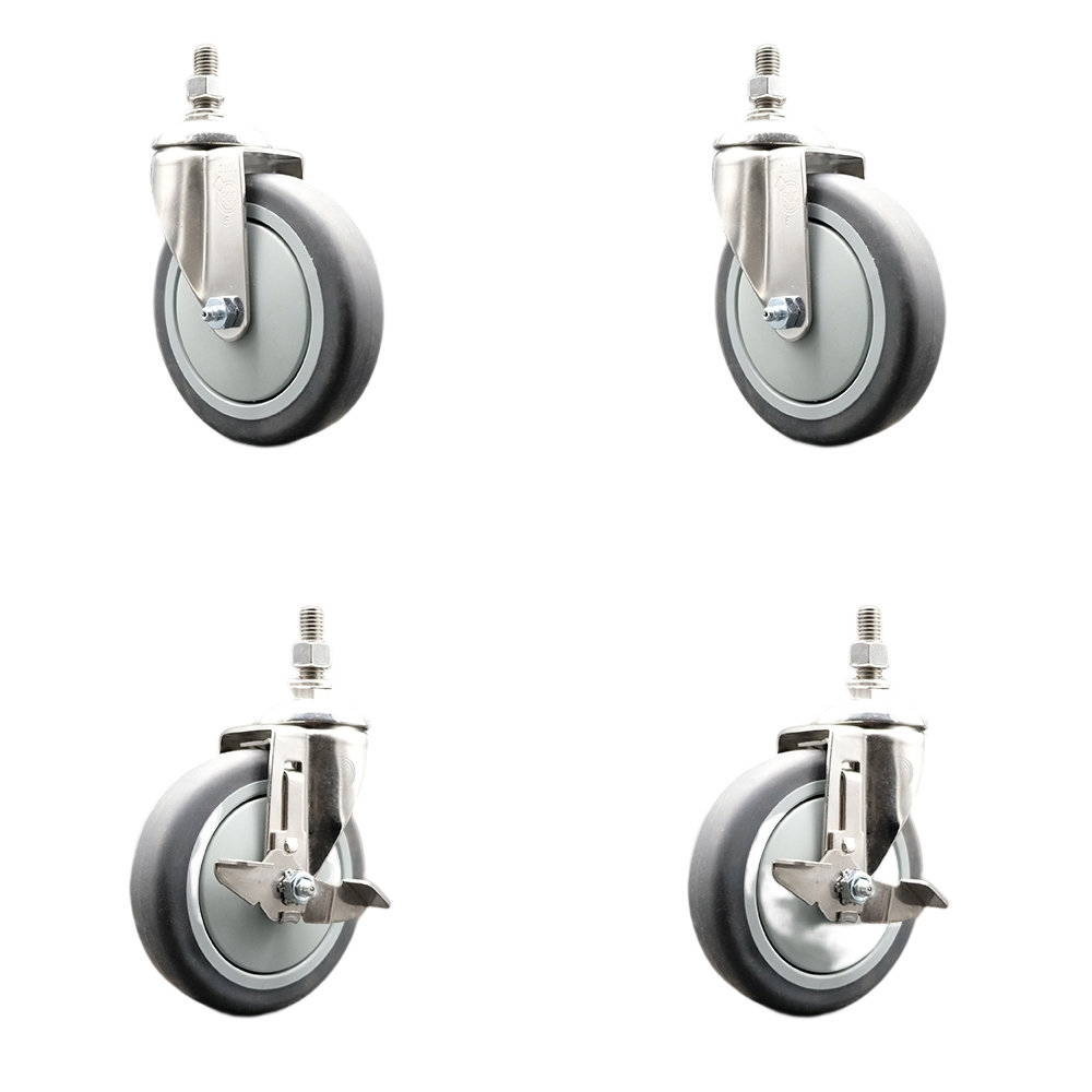 Thermoplastic Rubber Swivel Stem Caster with 5 in. Caster Wheels - 0.37 in. Threaded Stems - 316 Stainless Steel Caster - Set of 4