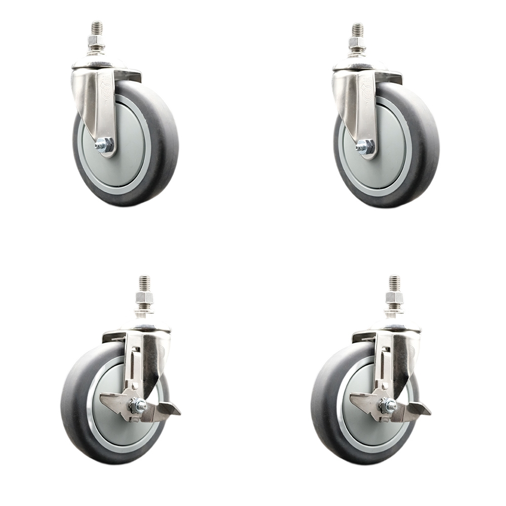 Thermoplastic Rubber Swivel Stem Caster with 5 in. Caster Wheels - 10 mm Threaded Stems - 316 Stainless Steel Caster - Set of 4