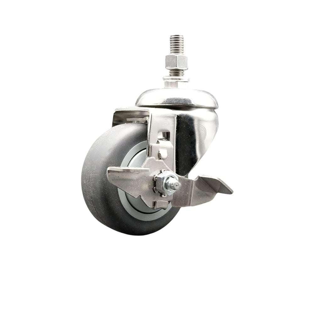 Thermoplastic Rubber Swivel Stem Caster with 3.5 in. Gray Caster Wheel & Top Lock Brake - 12 mm Metric Threaded Stem - 316 Stainless Steel Caster