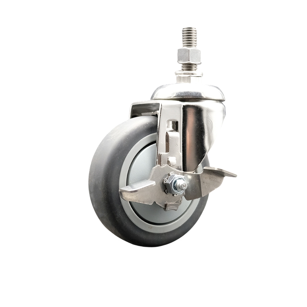 Thermoplastic Rubber Swivel Stem Caster with 4 in. Gray Caster Wheel & Top Lock Brake - 12 mm Metric Threaded Stem - 316 Stainless Steel Caster