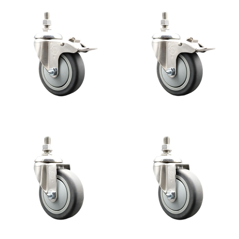 Thermoplastic Rubber Swivel Stem Caster with 4 in. Caster Wheels - 12 mm Threaded Stem - 316 Stainless Steel Caster - Set of 4
