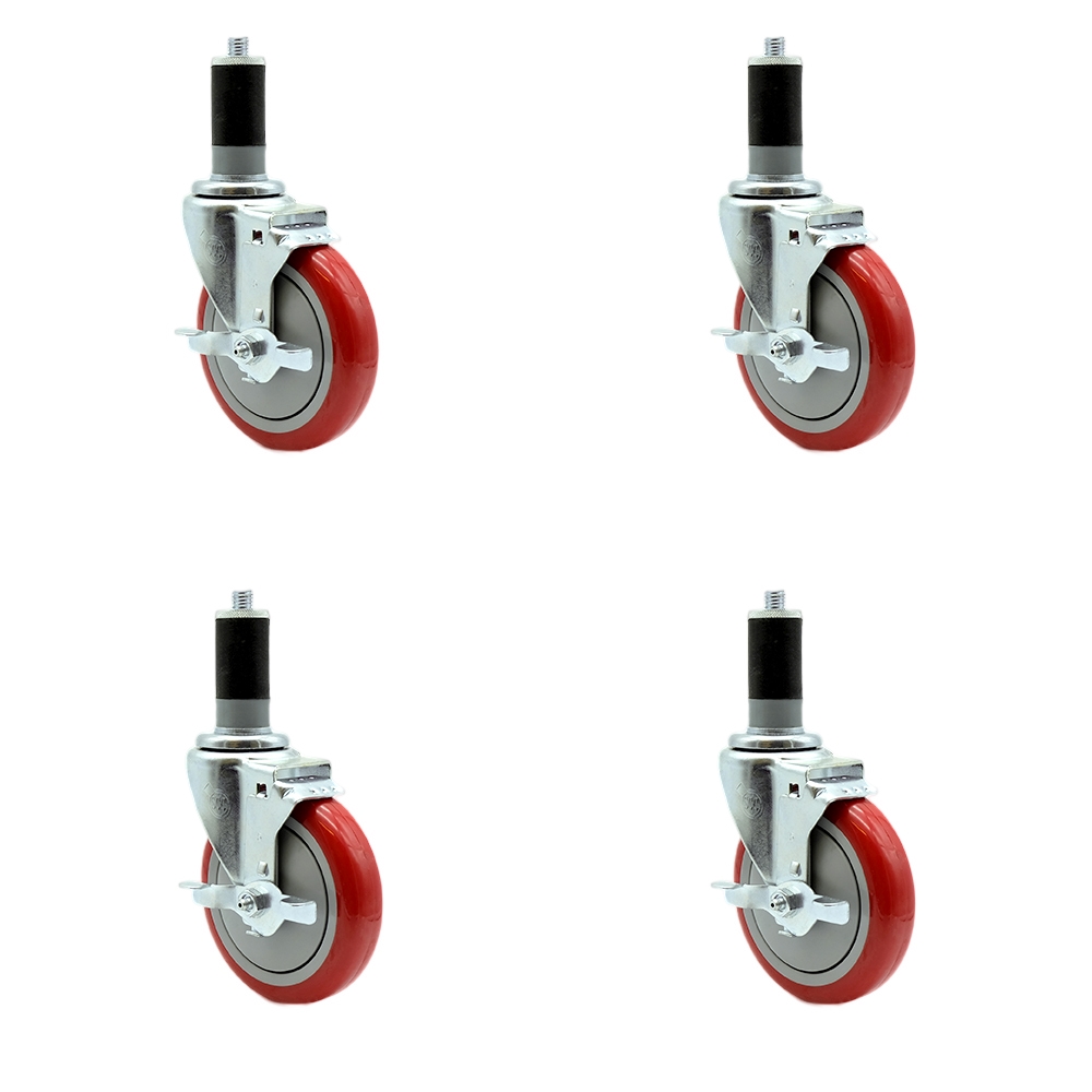Regency Work Table & Equipment Stand Replacement Locking Caster Set - 5 in. Red Polyurethane Wheel - 4 Swivel Casters - Set of 4