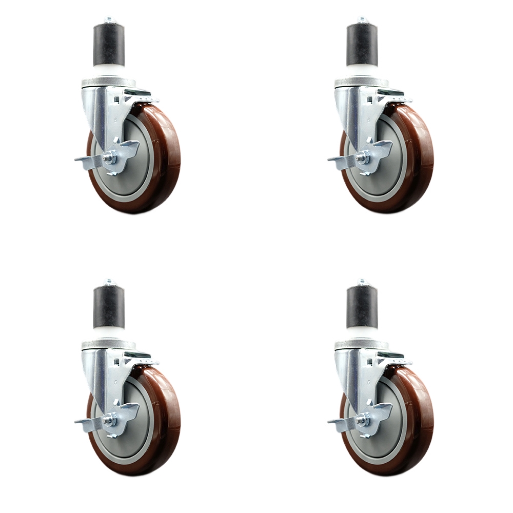 Regency Work Table & Equipment Stand Replacement Locking Caster Set - 5 in. Maroon Polyurethane Wheel - 4 Swivel Casters - Set of 4