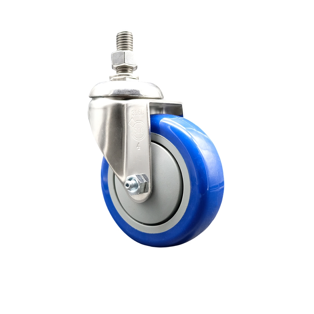 SCC-SS316TS20S414-PPUB-BLUE-M1015 Polyurethane Swivel Stem Caster with 4 in. Blue Caster Wheels, 10 mm Threaded Stem - 316 Stainless Steel Caster
