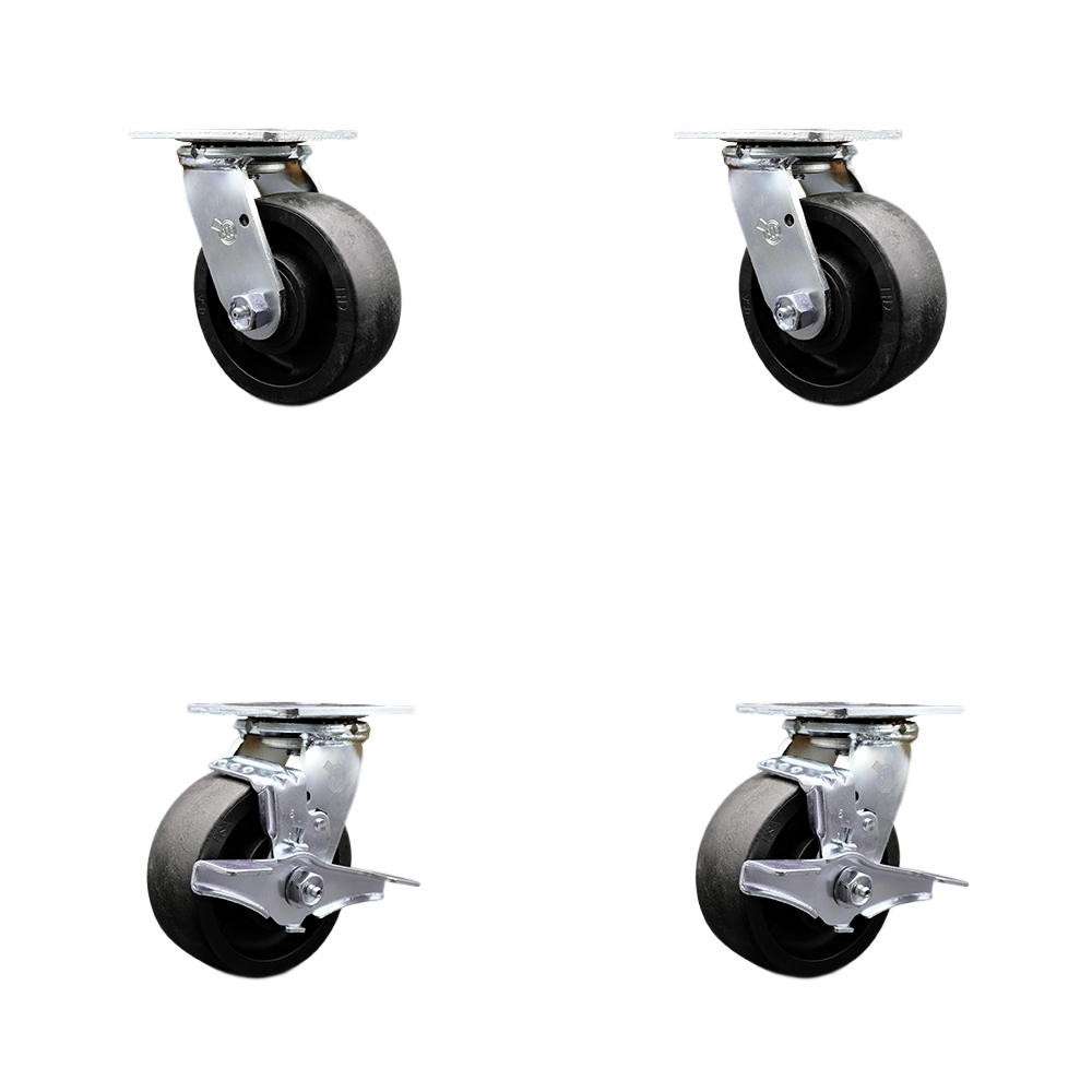 SCC-30CS520-GFNR-2-TLB-2 Glass Filled Nylon Swivel Top Plate Casters, Heavy Duty with 5 in. Wheels - 5000 lbs Total Capacity - Set of 4