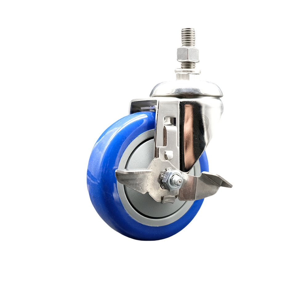 Polyurethane Swivel Stem Caster with 4 in. Blue Caster Wheels & Top Lock Brake, 10 mm Threaded Stem - 316 Stainless Steel Caster