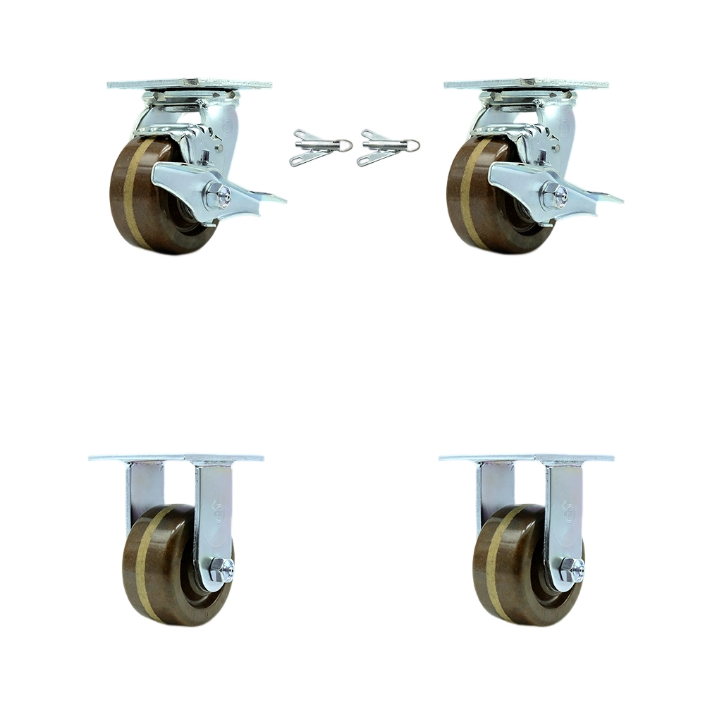 High Temperature Phenolic Swivel Top Plate Casters, Heavy Duty with 4 in. Wheels - 3200 lbs Total Capacity - Set of 4