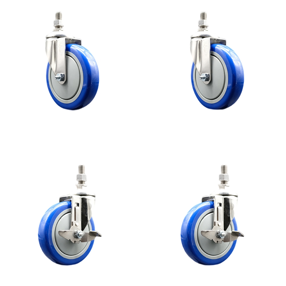 Poly Swivel Stem Caster with 5 in. Blue Caster Wheels, 10 mm Threaded Stems - 316 Stainless Steel Casters - Set of 4