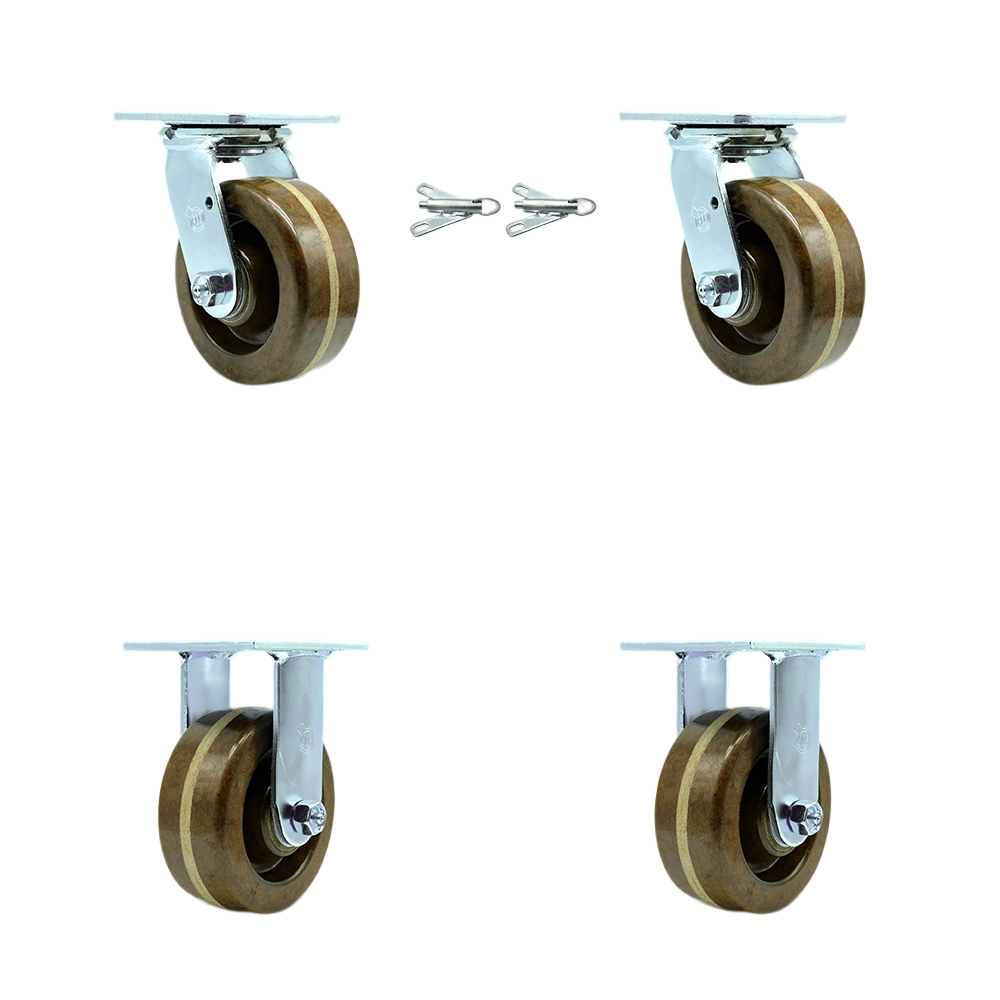 SCC-30CS520-PHRHT-BSL-2-R-2 High Temperature Phenolic Swivel Top Plate Casters, Heavy Duty with 5 in. Wheels - 4000 lbs Total Capacity - Set of 4