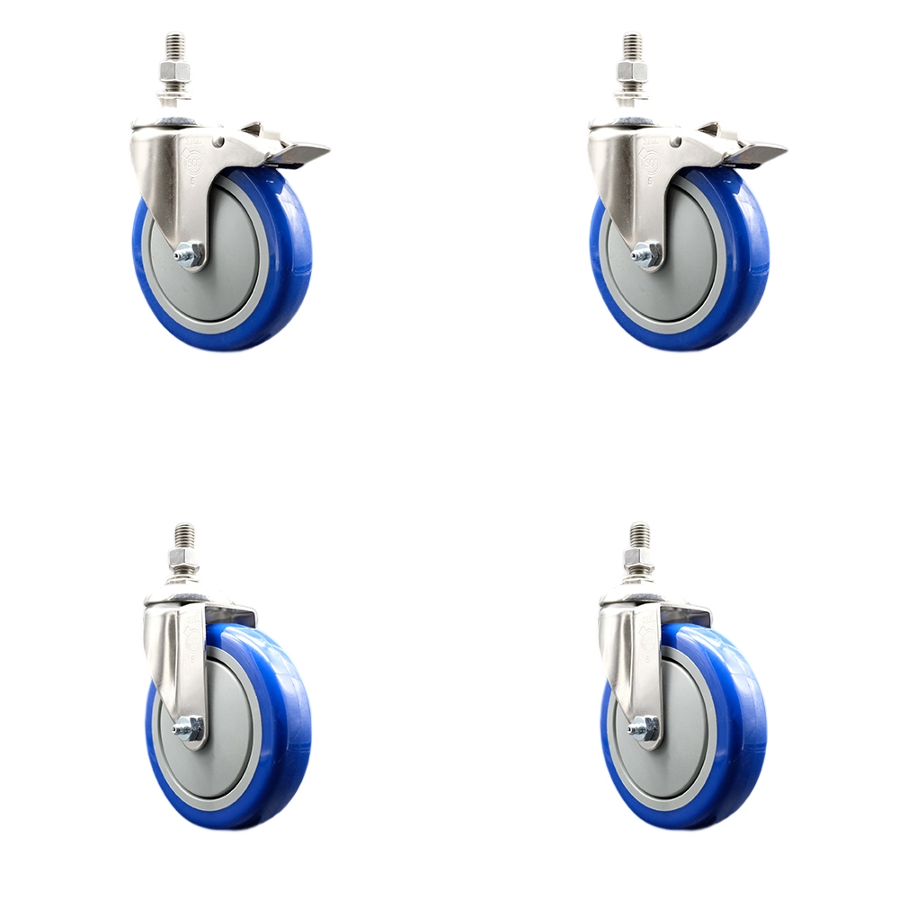 Poly Swivel Stem Caster with 5 in. Blue Caster Wheels, 10 mm Threaded Stems - 316 Stainless Steel Casters - Set of 4