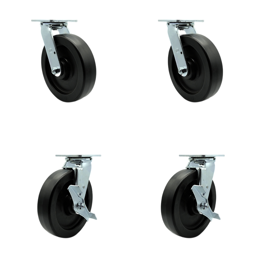 SCC-SS30S820-POR-2-TLB-2 Stainless Steel Polyolefin Swivel Top Plate Casters, Heavy Duty with 8 in. Wheels - 3600 lbs Total Capacity - Set of 4