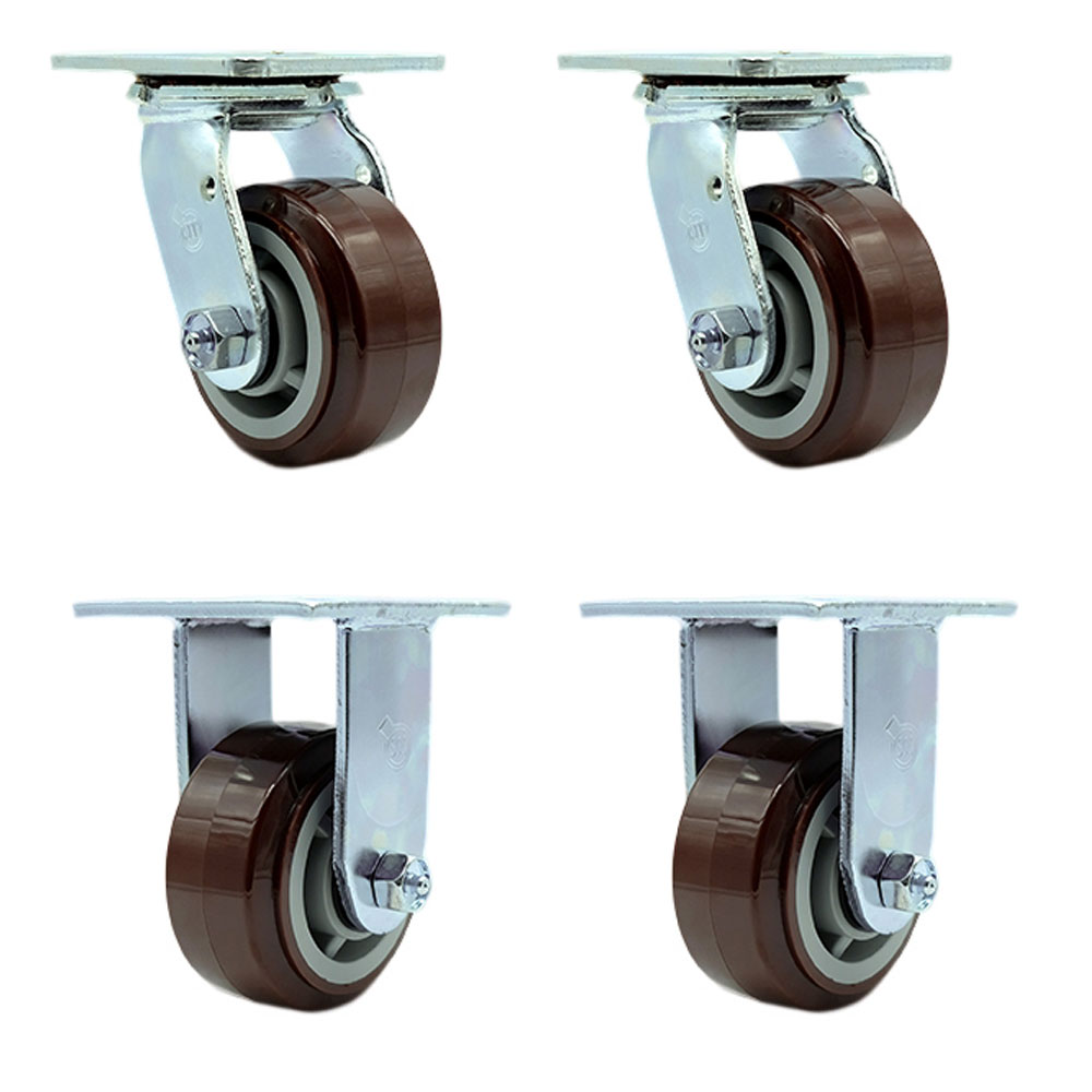 SCC-30CS420-PPUR-BSL-2-R-2 Polyurethane Swivel Top Plate Casters, Heavy Duty with 4 in. Wheels - 2400 lbs Total Capacity - Set of 4