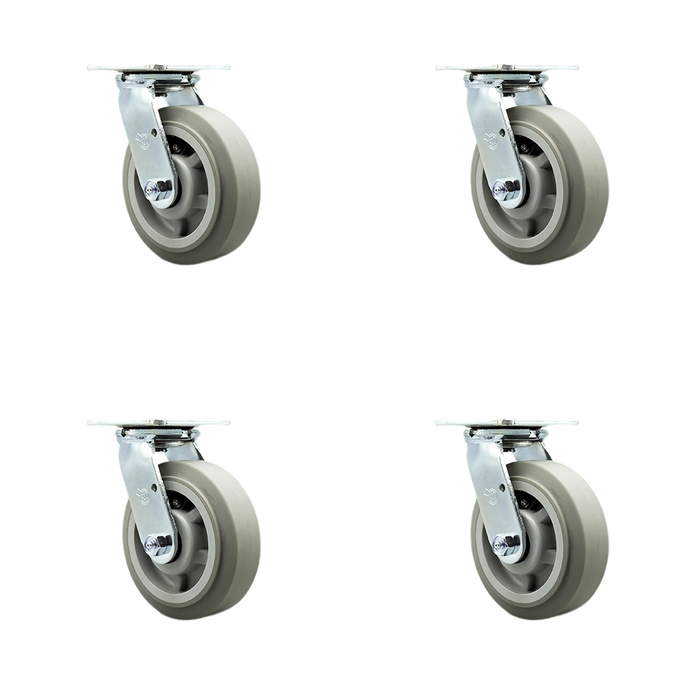 SCC-30CS620-TPRRF-4 Thermoplastic Rubber Flat Tread Swivel Top Plate Casters, Heavy Duty with 6 in. Wheels - 2000 lbs Total Capacity - Set of 4