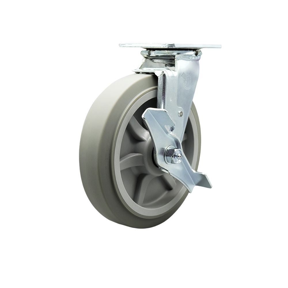 Thermoplastic Rubber Flat Tread Swivel Top Plate Heavy Duty Caster with 8 in. Wheel & Top Lock Brake - 600 lbs Capacity per Caster