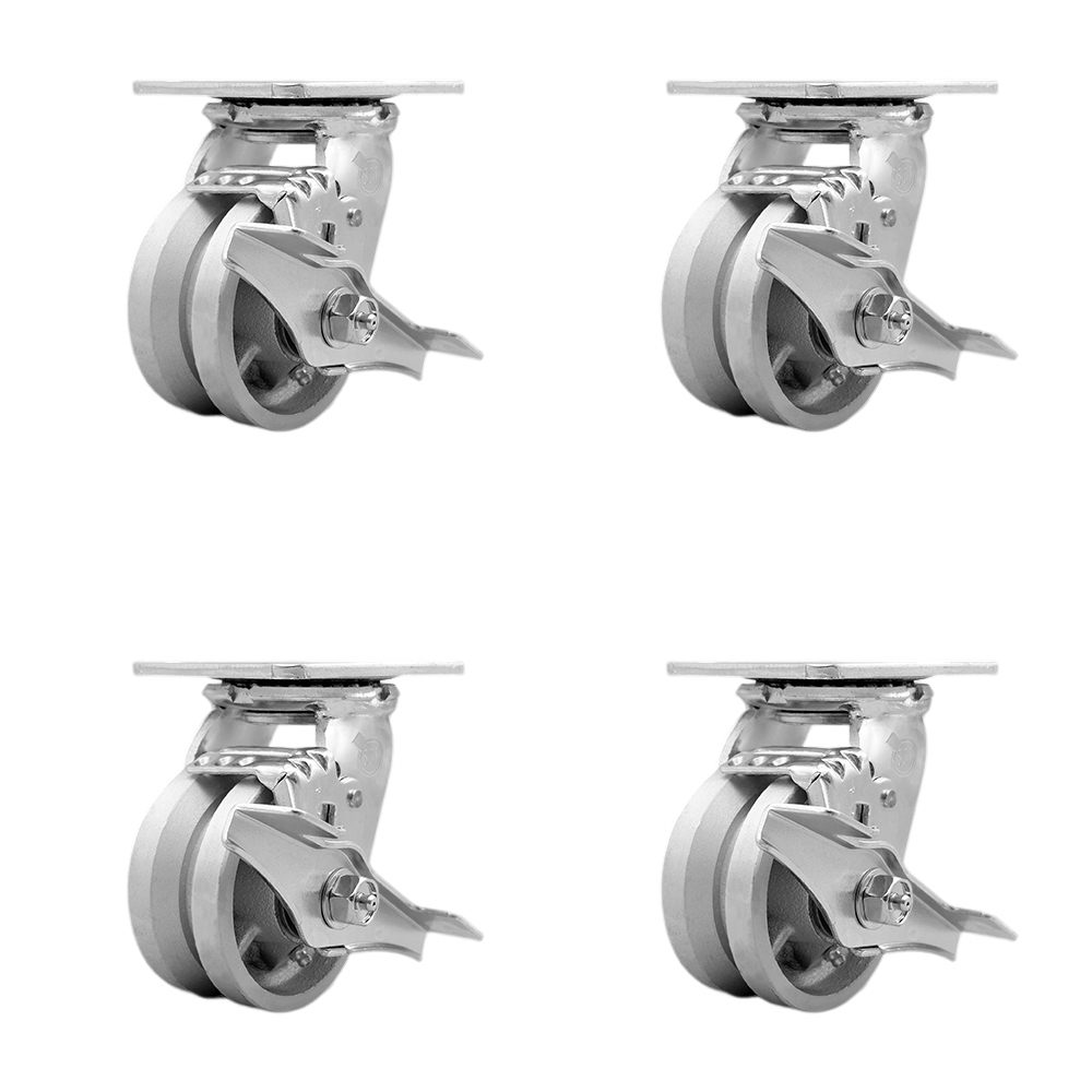 SCC-30CS420-VGR-TLB-4 V Groove Semi Steel Cast Iron Swivel Top Plate Casters, Heavy Duty with 4 in. Wheels - 3200 lbs Total Capacity - Set of 4