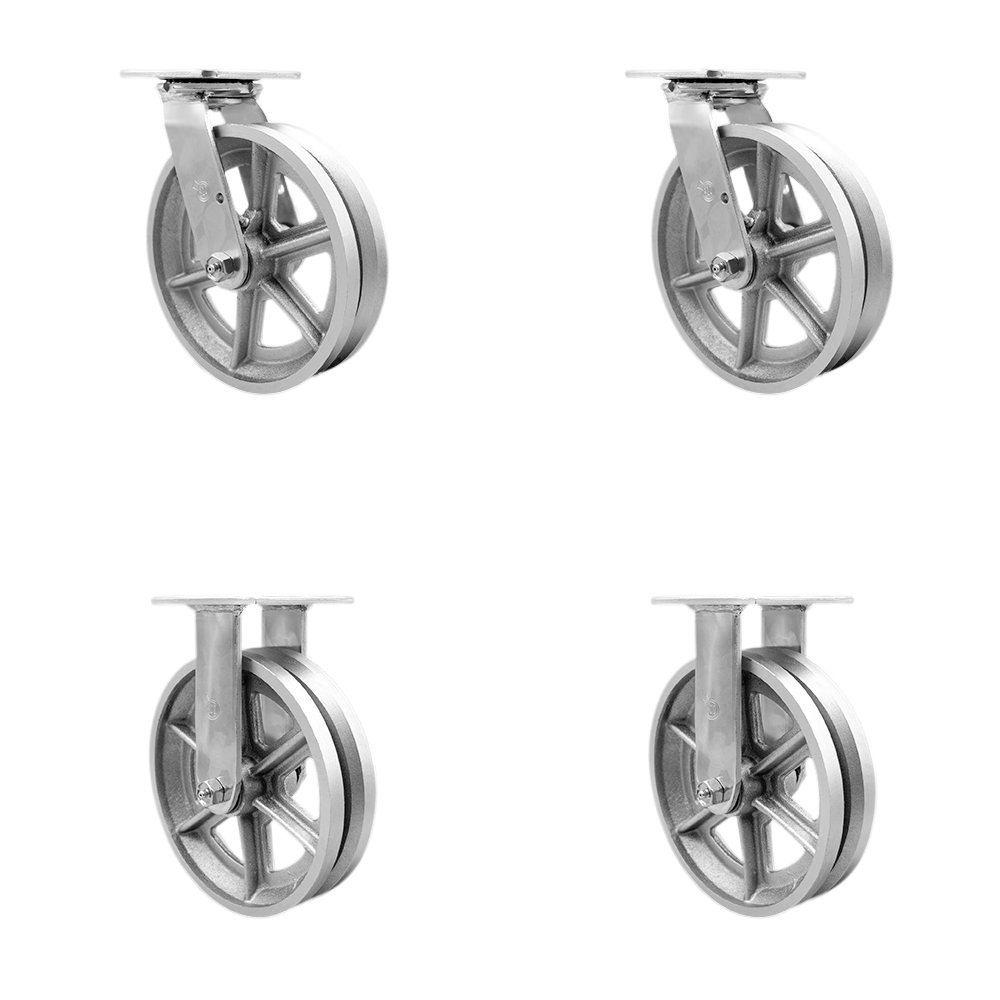 V Groove Semi Steel Cast Iron Swivel Top Plate Casters, Heavy Duty with 8 in. Wheels - 5000 lbs Total Capacity - Set of 4