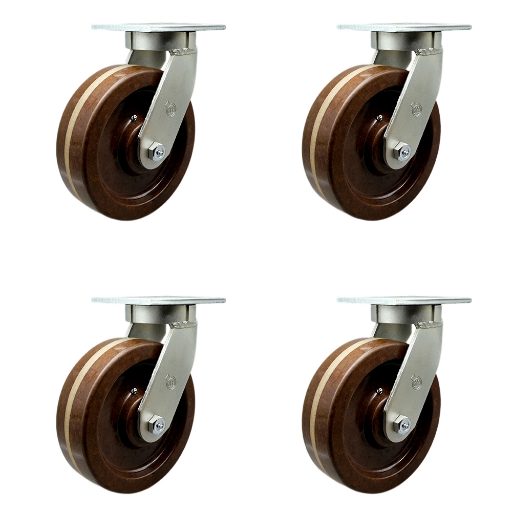12 in. Swivel Top Plate Caster Set Extra Heavy Duty Casters with High Temperature Phenolic Wheels - 14000 lbs Total Capacity - Set of 4