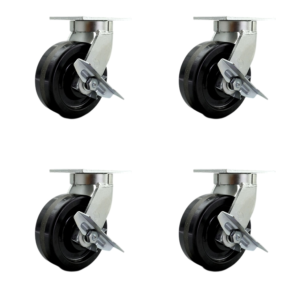 SCC-KP92S830-PHR-SLB-BSL-2-SLB-2 8 in. Swivel Top Plate Caster Set Extra Heavy Duty Casters with Phenolic Wheels - Set of 4