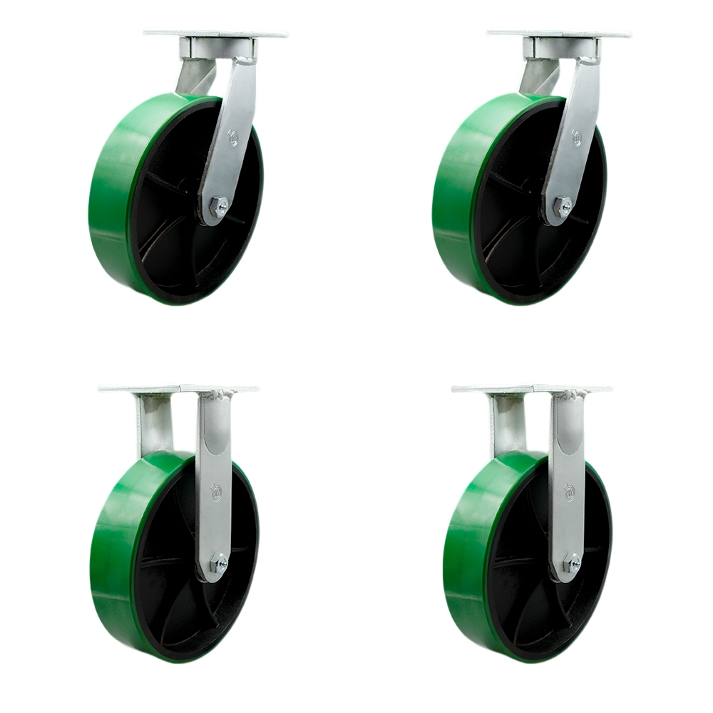 12 in. Swivel Top Plate Caster Set Extra Heavy Duty Casters with Green Poly on Cast Iron Wheels - 14000 lbs Total Capacity - Set of 4