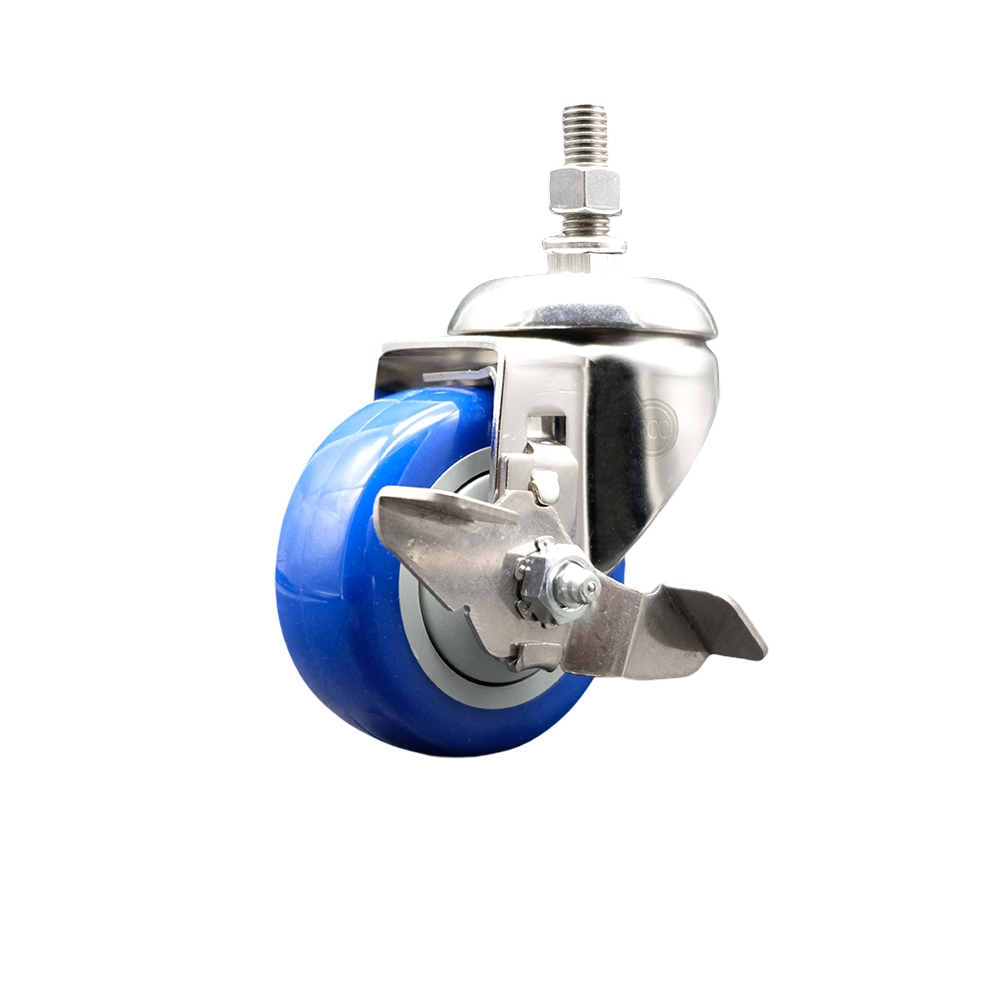 Polyurethane Swivel Stem Caster with 3.5 in. Blue Caster Wheels & Top Lock Brake, 12 mm Threaded Stem - 316 Stainless Steel Caster
