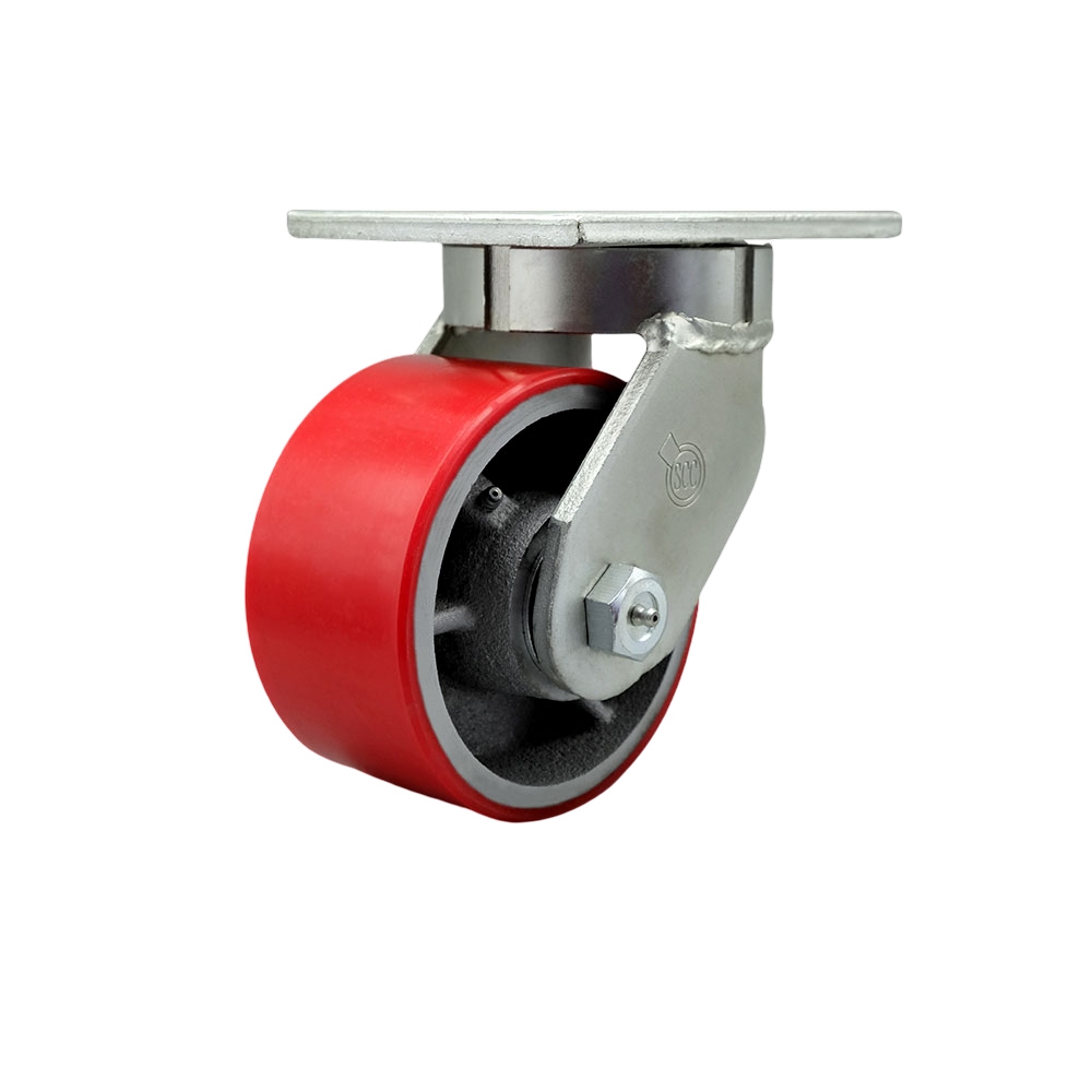 6 in. Swivel Top Plate Extra Heavy Duty Caster with Red Poly on Cast Iron Wheel & Bolt on Swivel Lock - Heavy Duty Caster Wheel - Industrial Caster