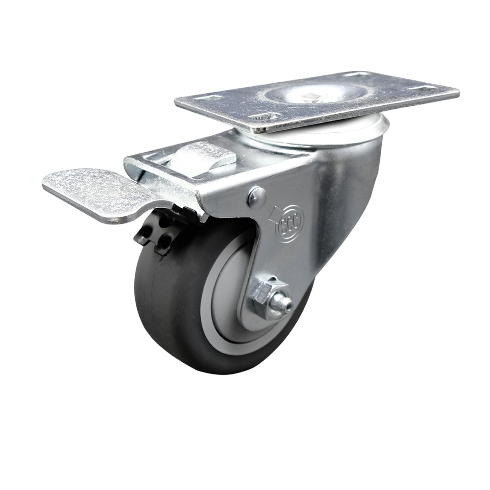 Stainless Steel Thermoplastic Rubber Swivel Top Plate Caster - 3 x 1.25 in. Gray Wheel & Total Locking Brake - 210 lbs Capacity per Caster