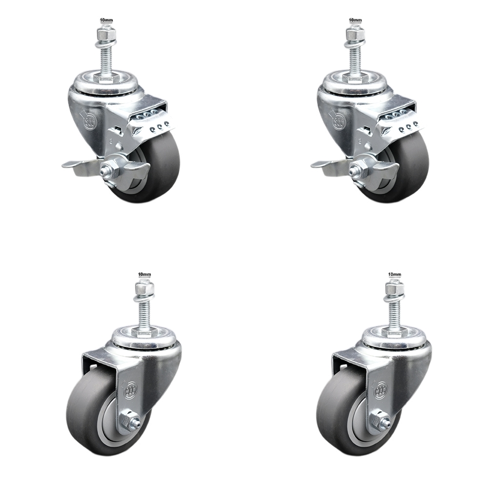 Stainless Steel Thermoplastic Rubber Swivel Threaded Stem Caster - 3 x 1.25 in. Gray Wheels & 10 mm Metric Stems - 840 lbs Total Capacity - Set of 4