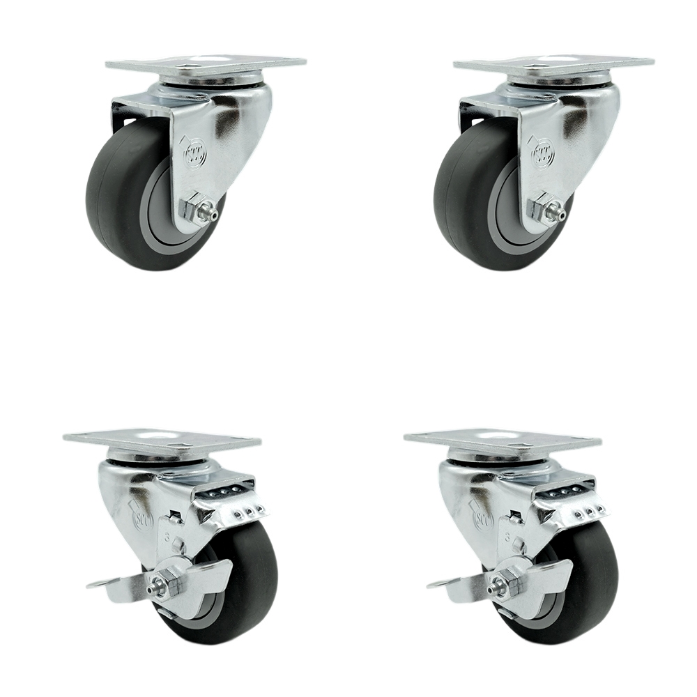 SCC-20S3514-TPRB-2-TLB-2 Thermoplastic Rubber Swivel Top Plate Caster with 3.5 in. Gray Wheels - 920 lbs Total Capacity - Set of 4