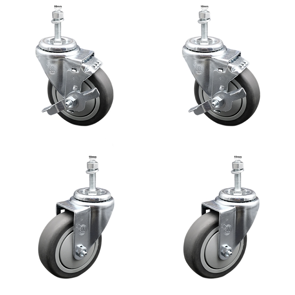 Thermoplastic Rubber Swivel Threaded Stem Caster - 4 x 1.25 in. Gray Wheels & 10 mm Metric Stems - 1000 lbs Total Capacity - Set of 4