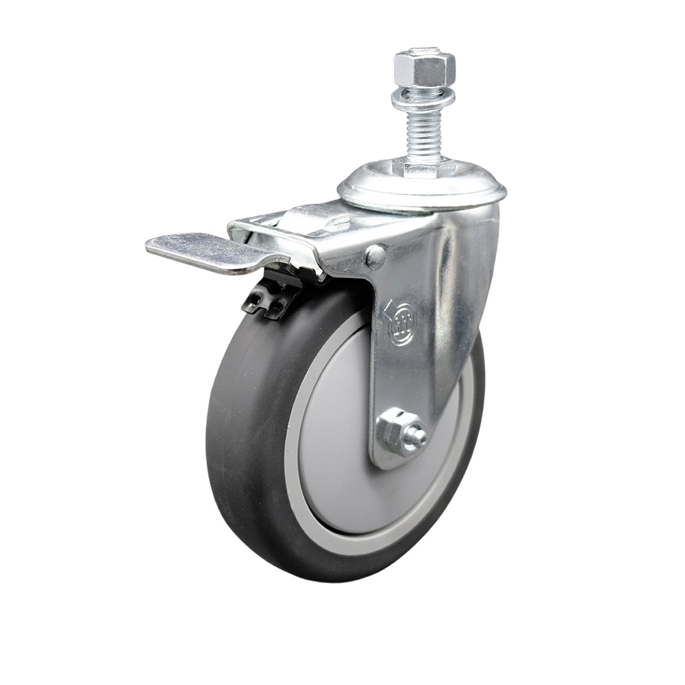 Thermoplastic Rubber Swivel Threaded Stem Caster - 5 x 1.25 in. Gray Wheel & 12 mm Metric Stem & Total Locking Brake - 300 lbs Capacity per Caster