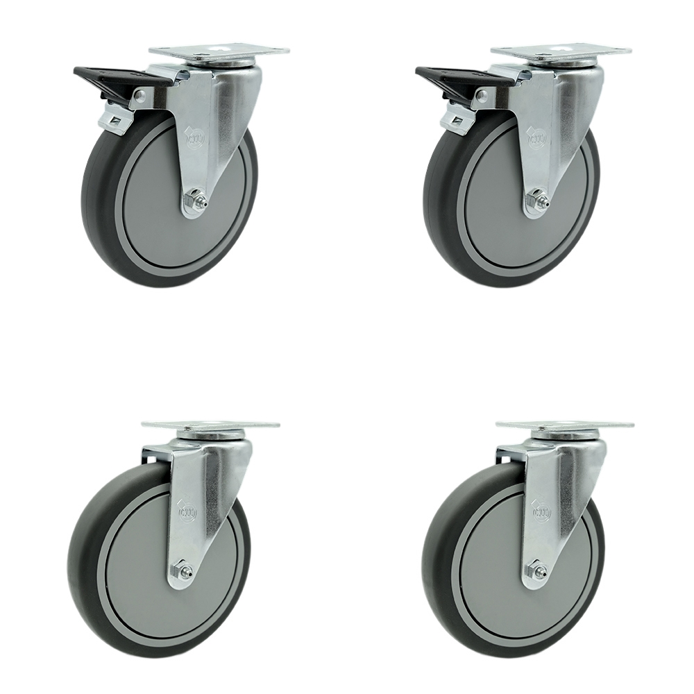 SCC-20S614-TPRB-2-PLB-2 Thermoplastic Rubber Swivel Top Plate Caster with 6 in. Gray Wheels - 1200 lbs Total Capacity - Set of 4
