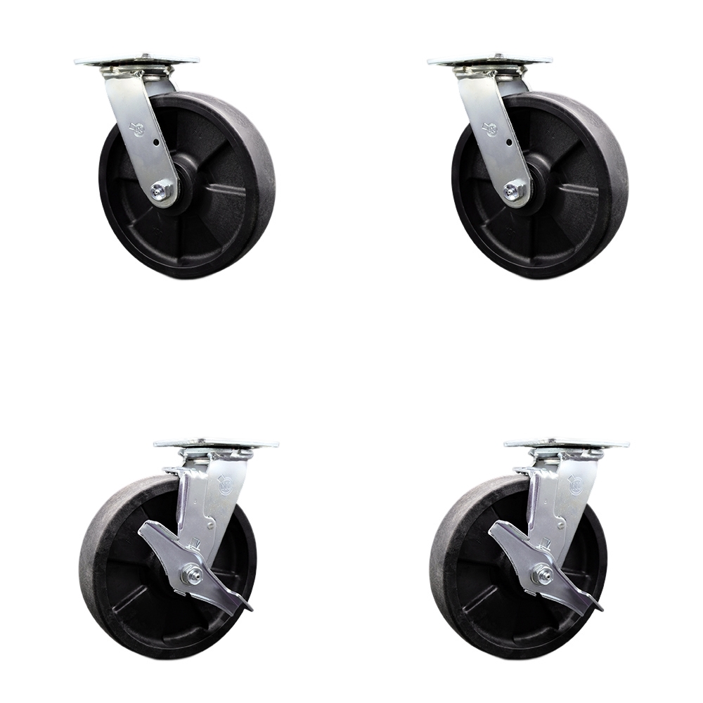 SCC-30CS820-GFNR-2-TLB-2 Glass Filled Nylon Swivel Top Plate Casters, Heavy Duty with 8 in. Wheels - 5000 lbs Total Capacity - Set of 4