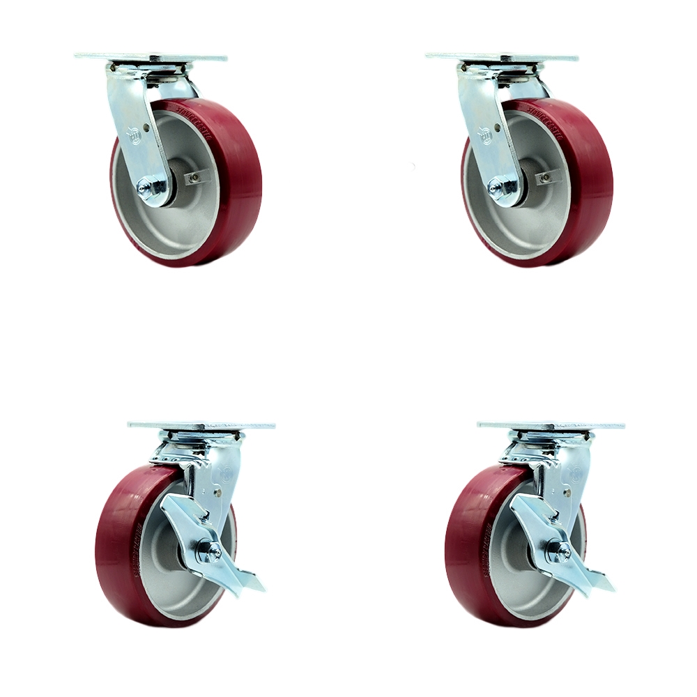 SCC-SS30S620-PAR-BSL-2-TLB-2 Stainless Steel Polyurethane on Aluminum Swivel Top Plate Casters, Heavy Duty with 6 in. Wheels - Set of 4