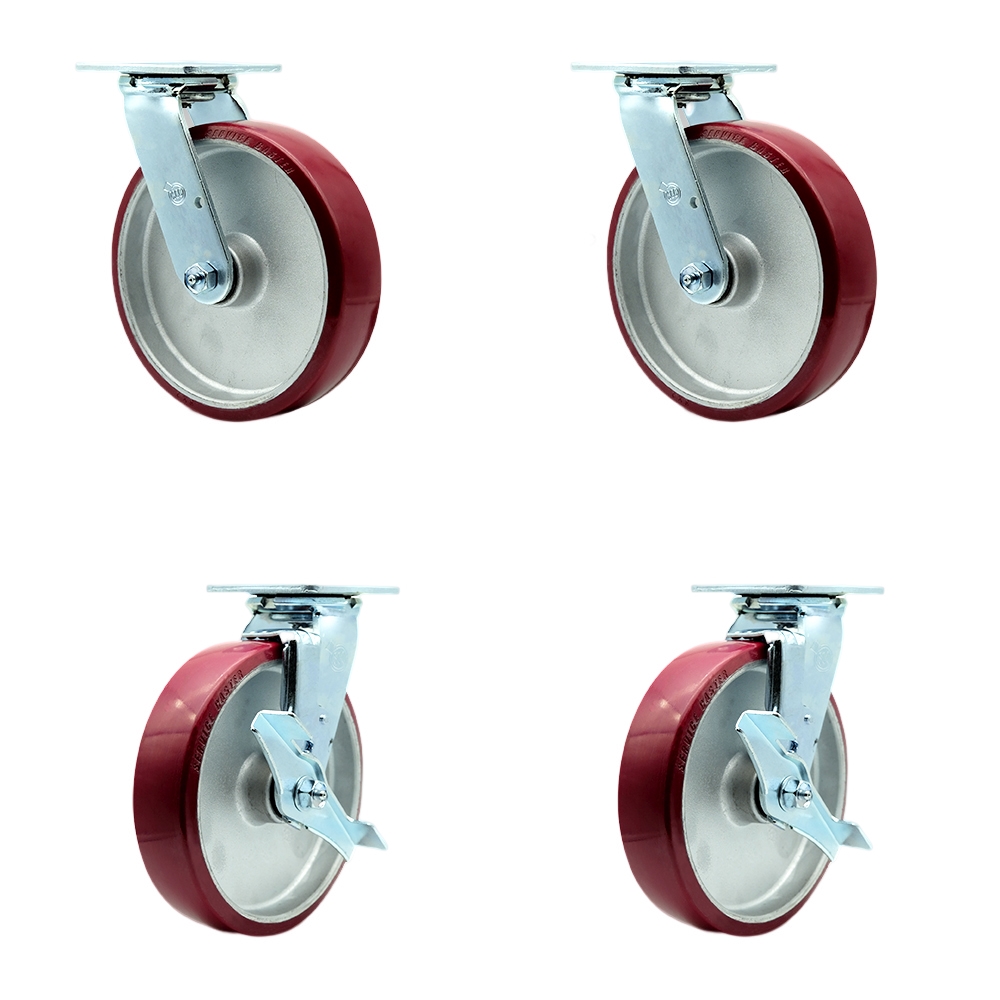 SCC-SS30S820-PAR-BSL-2-TLB-2 Stainless Steel Polyurethane on Aluminum Swivel Top Plate Casters, Heavy Duty with 8 in. Wheels - Set of 4
