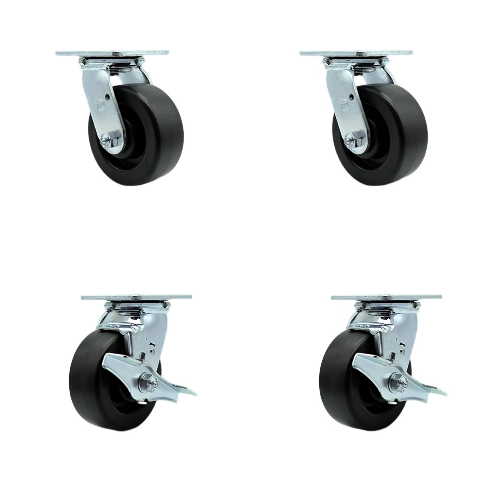 SCC-SS30S520-POR-2-TLB-2 Stainless Steel Polyolefin Swivel Top Plate Casters, Heavy Duty with 5 in. Wheels - 2600 lbs Total Capacity - Set of 4