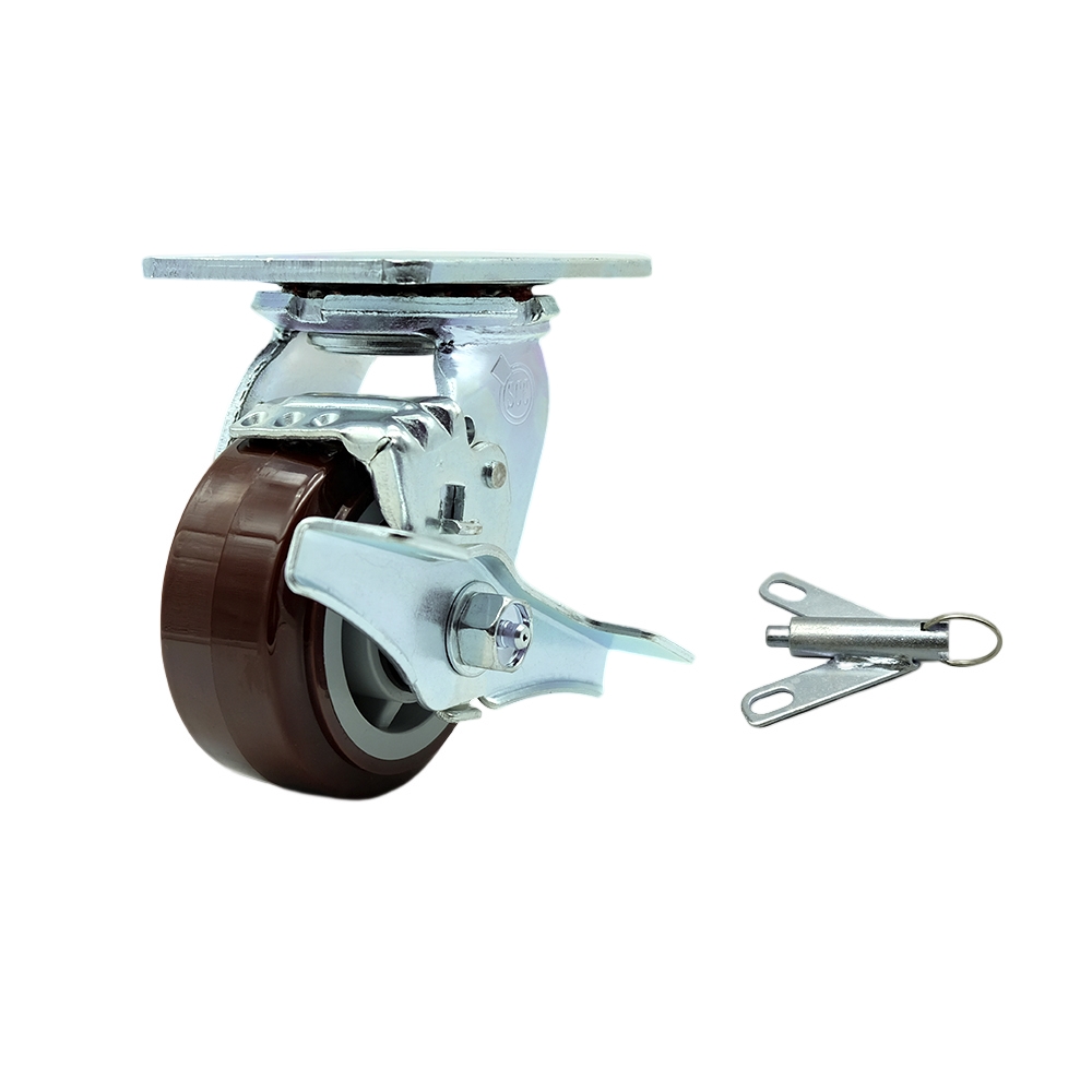 Polyurethane Swivel Top Plate Heavy Duty Caster with 4 in. Wheel & Top Lock Brake & Bolt on Swivel Lock - 600 lbs Capacity per Caster