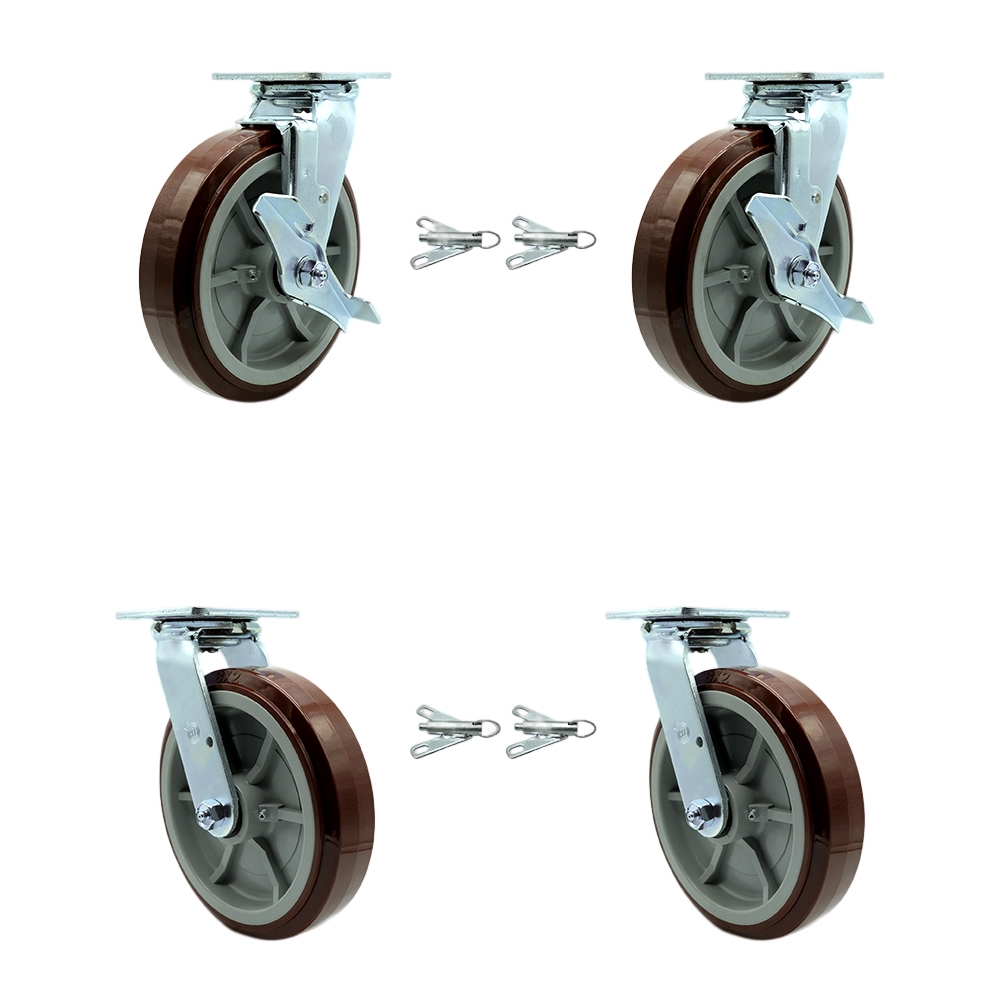 SCC-30CS820-PPUR-TLB-BSL-2-BSL-2 Polyurethane Swivel Top Plate Casters, Heavy Duty with 8 in. Wheels - Set of 4
