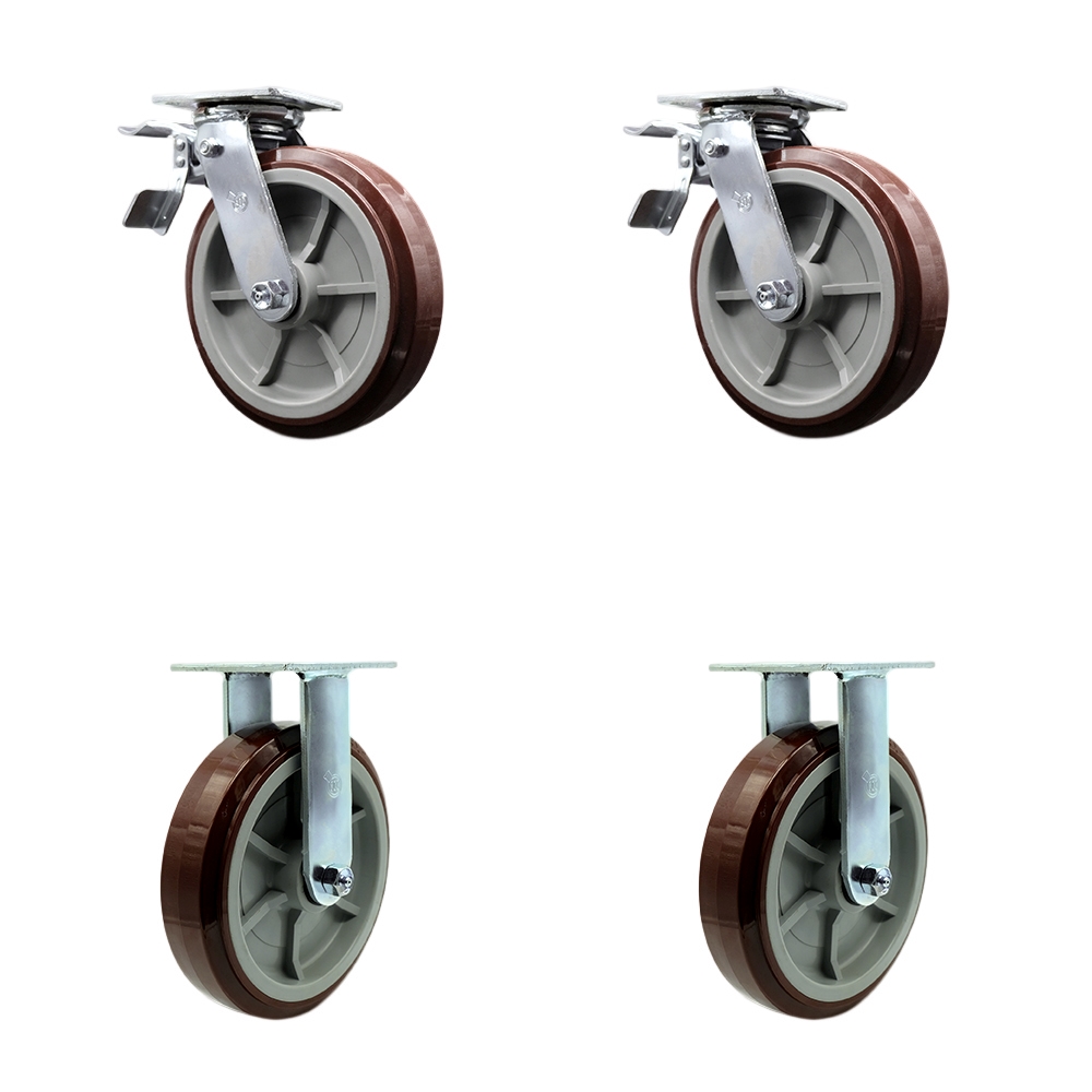 SCC-TTL30S820-PPUR-2-R-2 Polyurethane Swivel Top Plate Casters, Heavy Duty with 8 in. Wheels - 4000 lbs Total Capacity - Set of 4