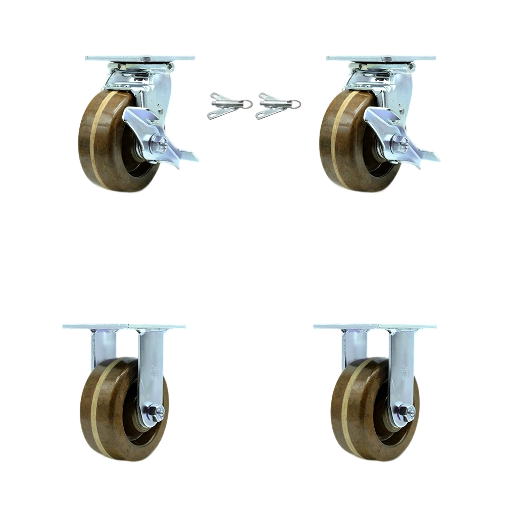 High Temperature Phenolic Swivel Top Plate Casters, Heavy Duty with 5 in. Wheels - 4000 lbs Total Capacity - Set of 4