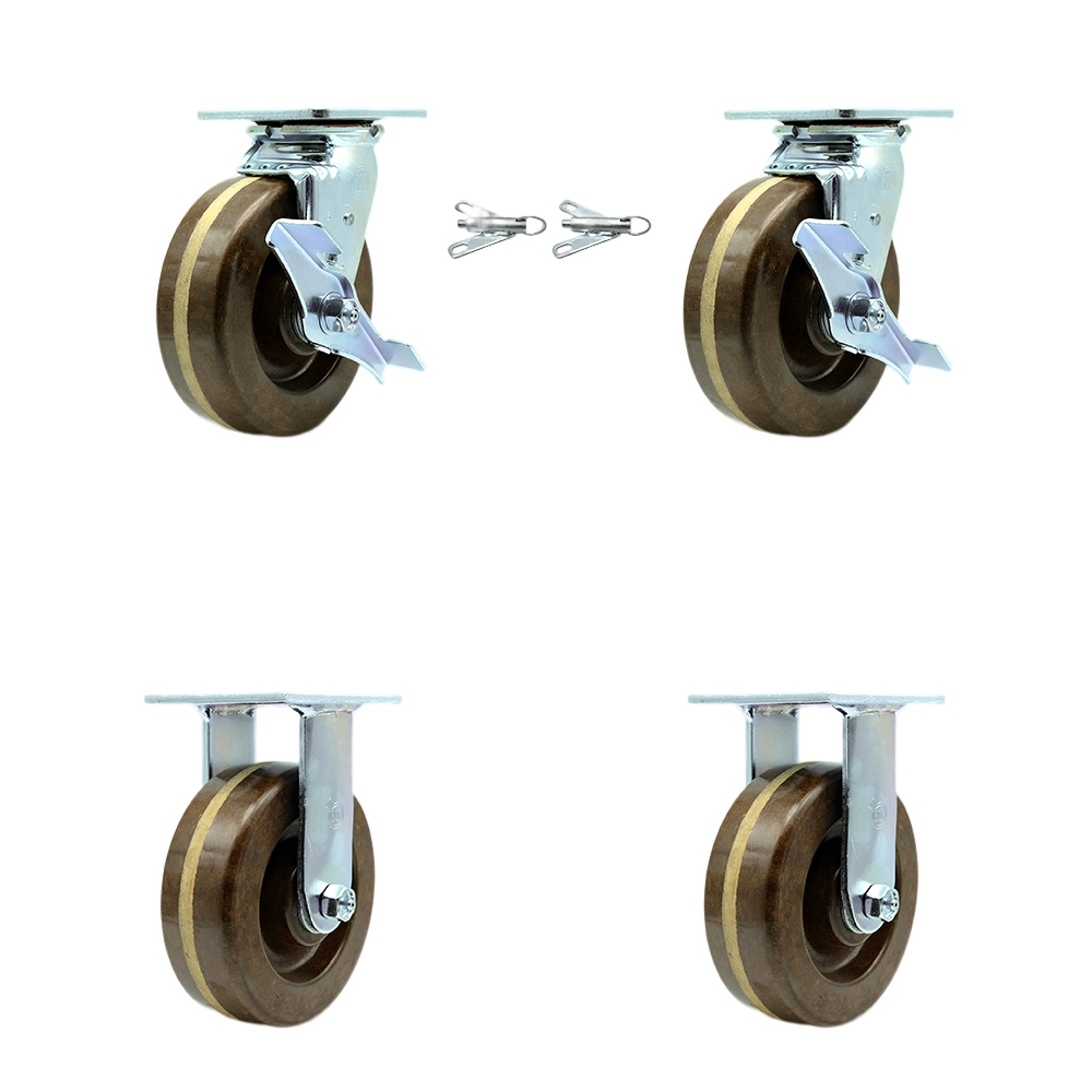 High Temperature Phenolic Swivel Top Plate Casters, Heavy Duty with 6 in. Wheels - 4800 lbs Total Capacity - Set of 4