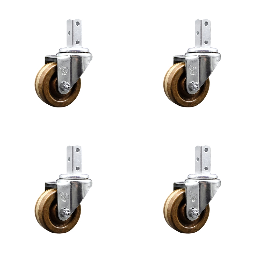Swivel Square Stem Caster with 3 x 1.25 in. Brown High Temperature Phenolic Wheel & 3 0.26 in. Diameter Mounting Holes - Set of 4