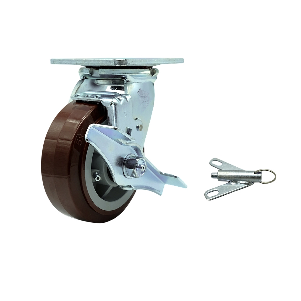 Polyurethane Swivel Top Plate Heavy Duty Caster with 5 in. Wheel & Top Lock Brake & Bolt on Swivel Lock - 750 lbs Capacity per Caster