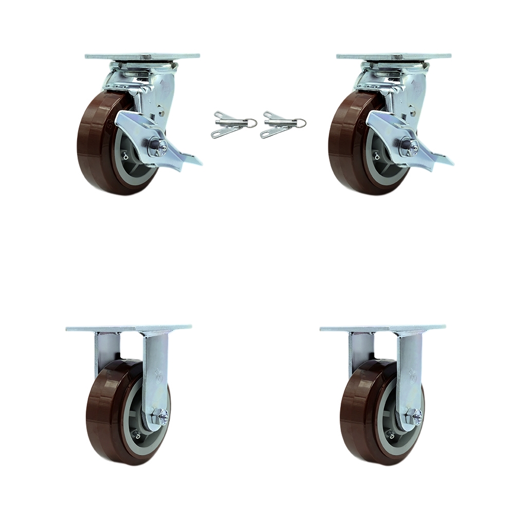 SCC-30CS520-PPUR-TLB-BSL-2-R-2 Polyurethane Swivel Top Plate Casters, Heavy Duty with 5 in. Wheels - 3000 lbs Total Capacity - Set of 4