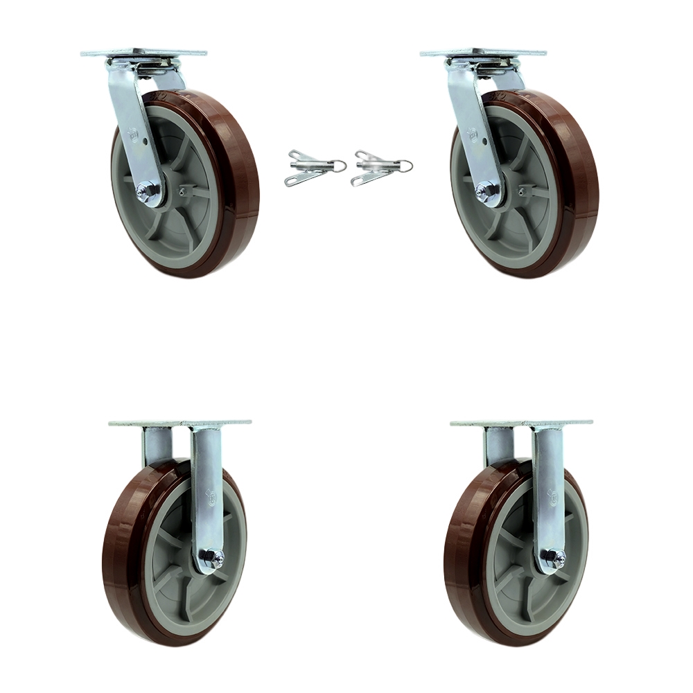 SCC-30CS820-PPUR-BSL-2-R-2 Polyurethane Swivel Top Plate Casters, Heavy Duty with 8 in. Wheels - 4000 lbs Total Capacity - Set of 4