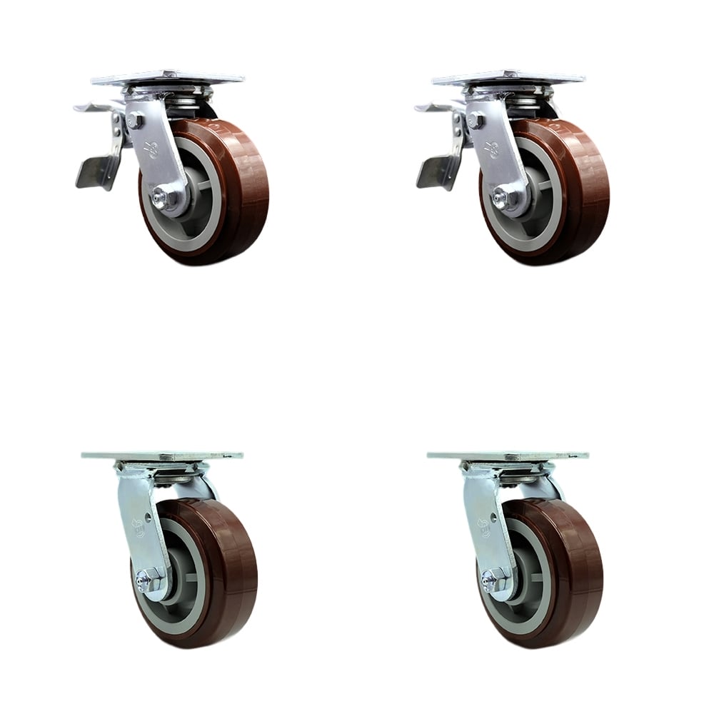 SCC-TTL30S520-PPUR-2-S-2 Polyurethane Swivel Top Plate Casters, Heavy Duty with 5 in. Wheels - 3000 lbs Total Capacity - Set of 4