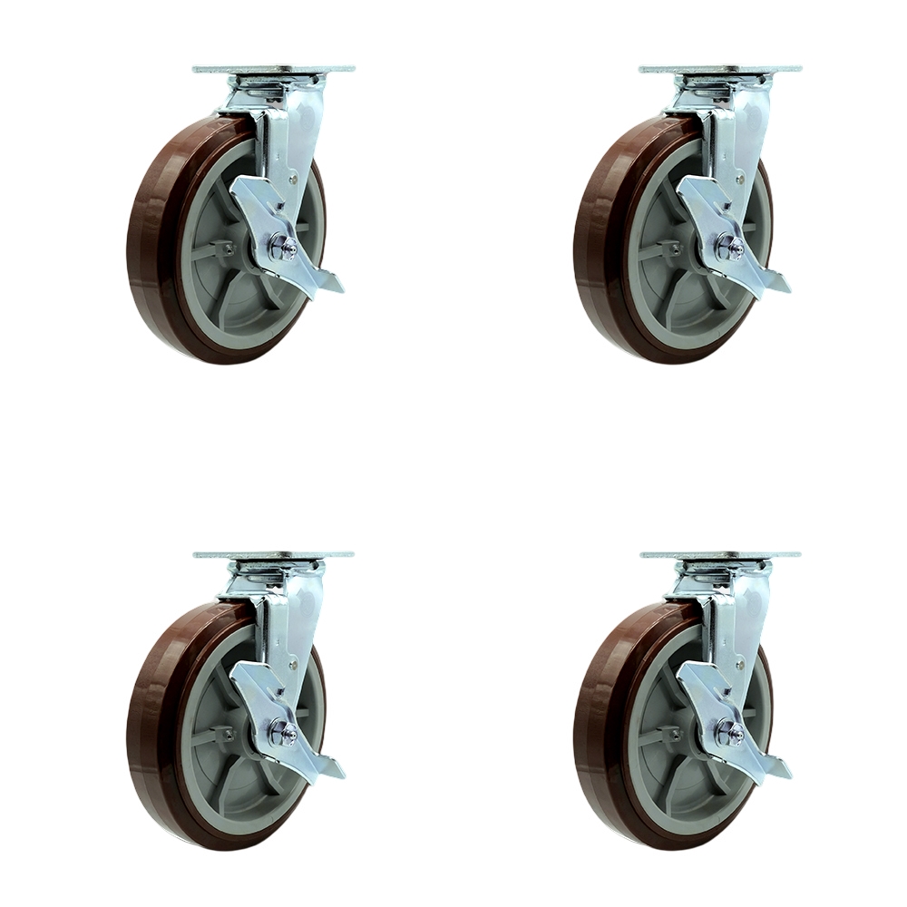 SCC-SS30S820-PPUR-TLB-BSL-2-TLB-2 Stainless Steel Polyurethane Swivel Top Plate Casters, Heavy Duty with 8 in. Wheels - Set of 4
