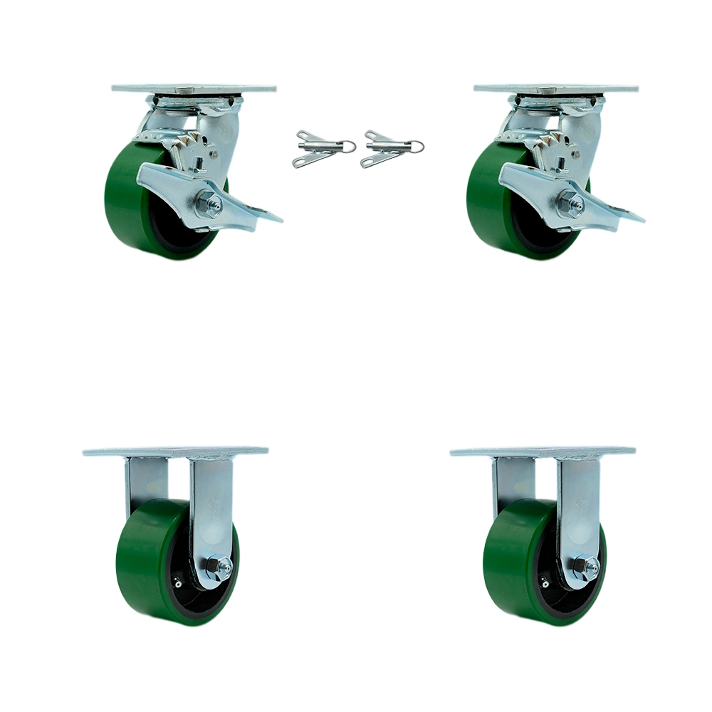 SCC-30CS420-PUR-GB-TLB-BSL-2-R-2 Polyurethane on Cast Iron Swivel Top Plate Casters, Heavy Duty with 4 in. Green Wheels - Set of 4