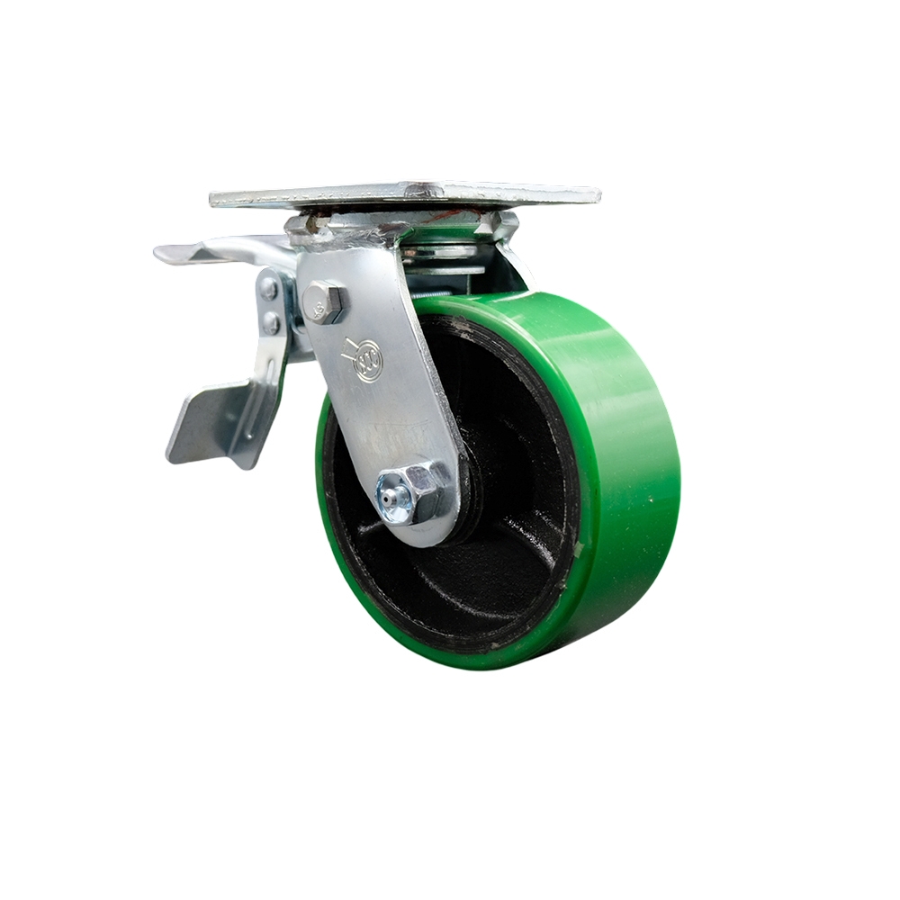 Polyurethane on Cast Iron Swivel Top Plate Heavy Duty Caster with 5 in. Green Wheel & Total Lock Brake - 1000 lbs Capacity per Caster
